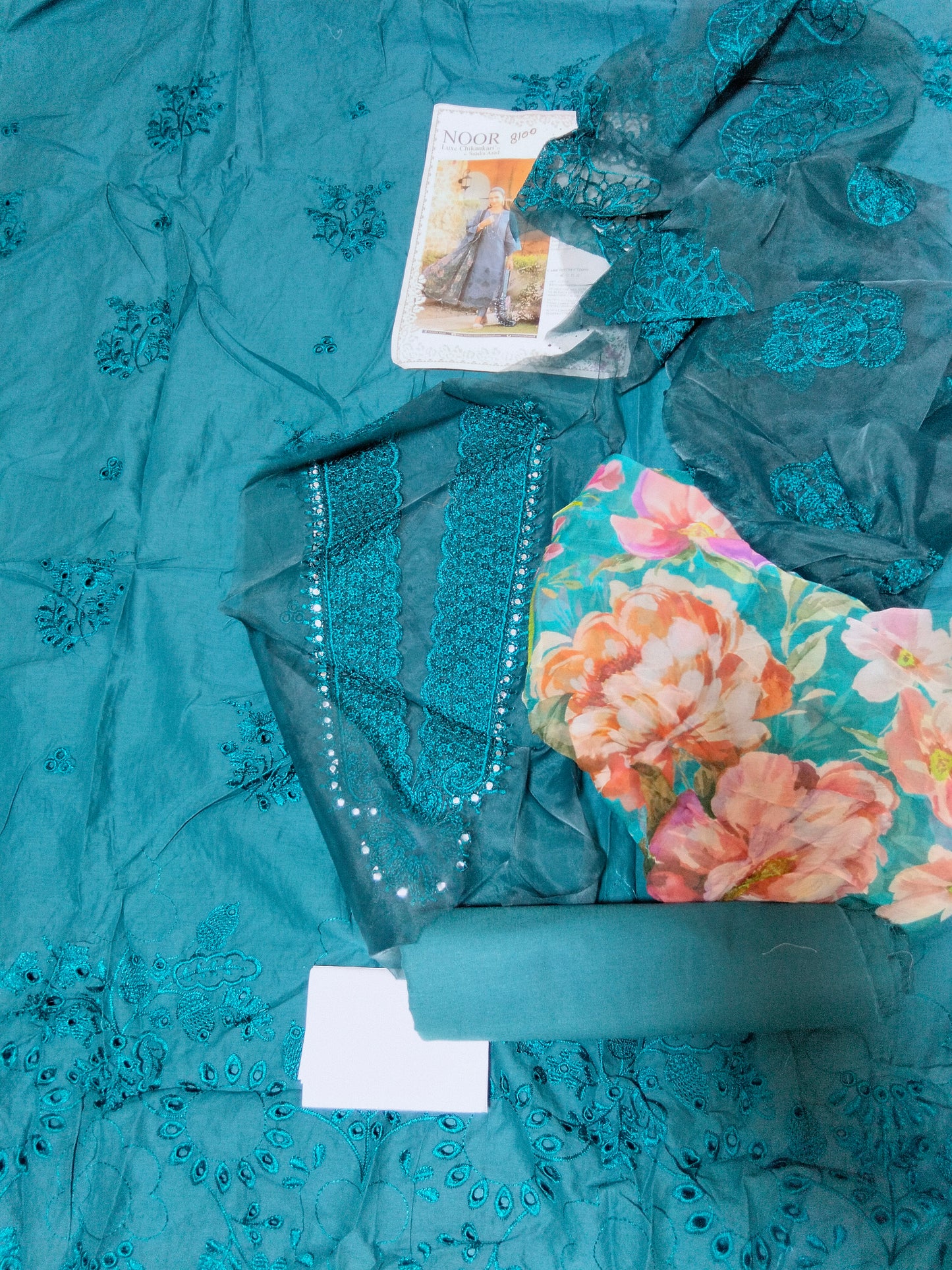 Sale Noor by Sadia Asad embroided lawn 3pc with plain trouser and printed chiffon dupatta with embroided patches