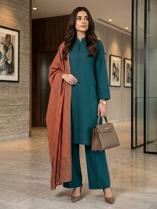 Hussain rehar 3pc plain khadar shirt and trouser with printed wool shawl