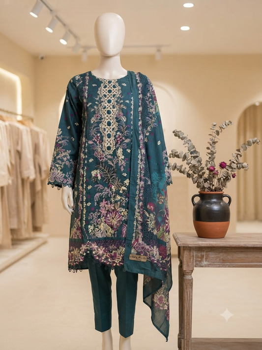 Sale Nureh embroided khadar 3pc with printed wool shawl  winter (unstitched)