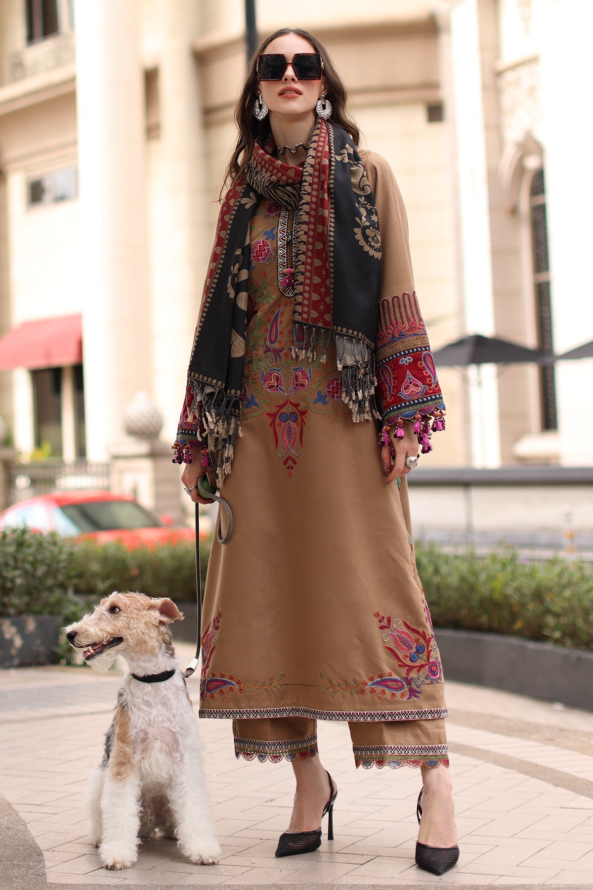 Charizma (poshima) unstitched 3Pc embroidered peach leather with printed pashmina shawl