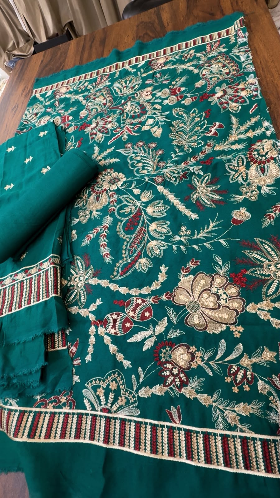 Peacock green Luxury embroided karandi 3pc with heavy embroided shawl light embroided shirt plain trouser