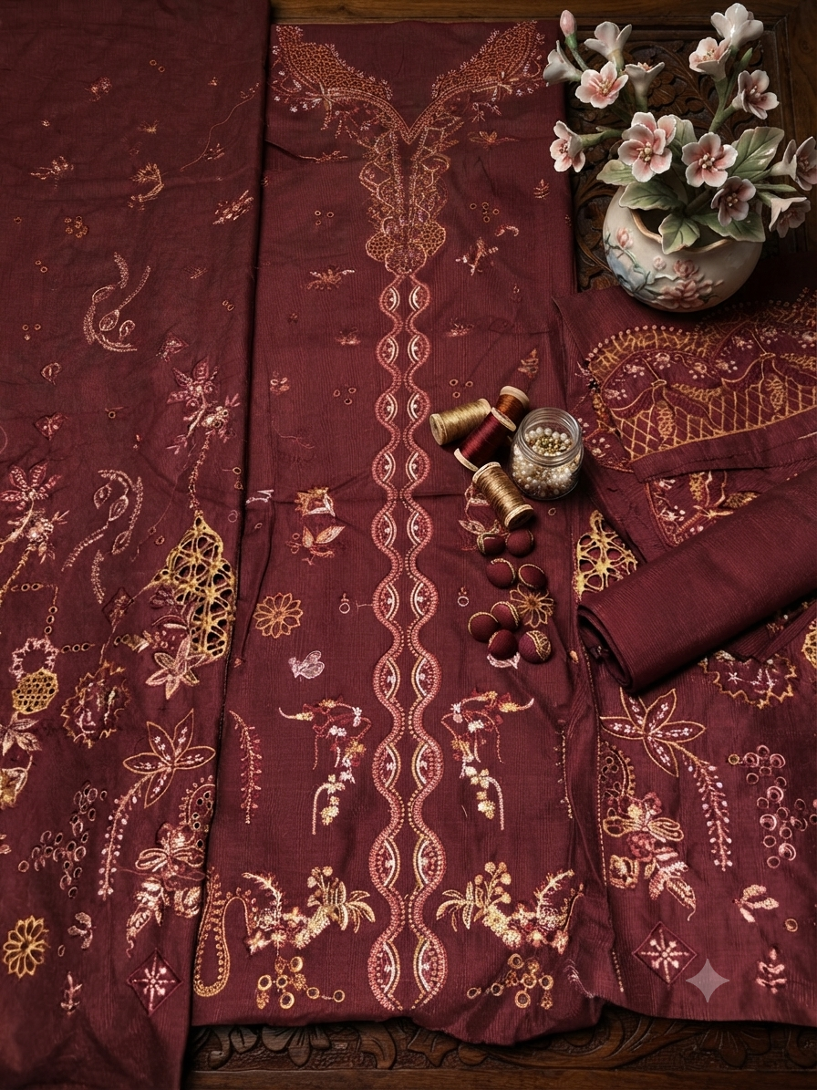 Sale Nureh embroided khadar 3pc with plain trouser and printed wool shawl