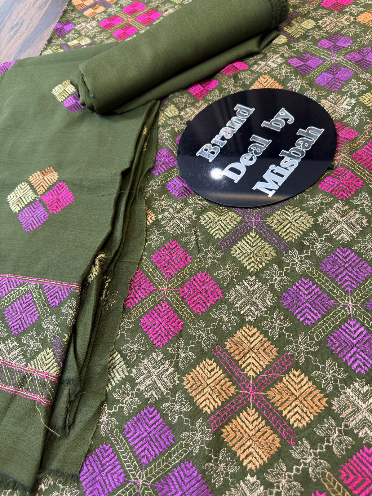 Luxury embroided karandi 3pc with heavy embroided shawl light embroided shirt plain trouser