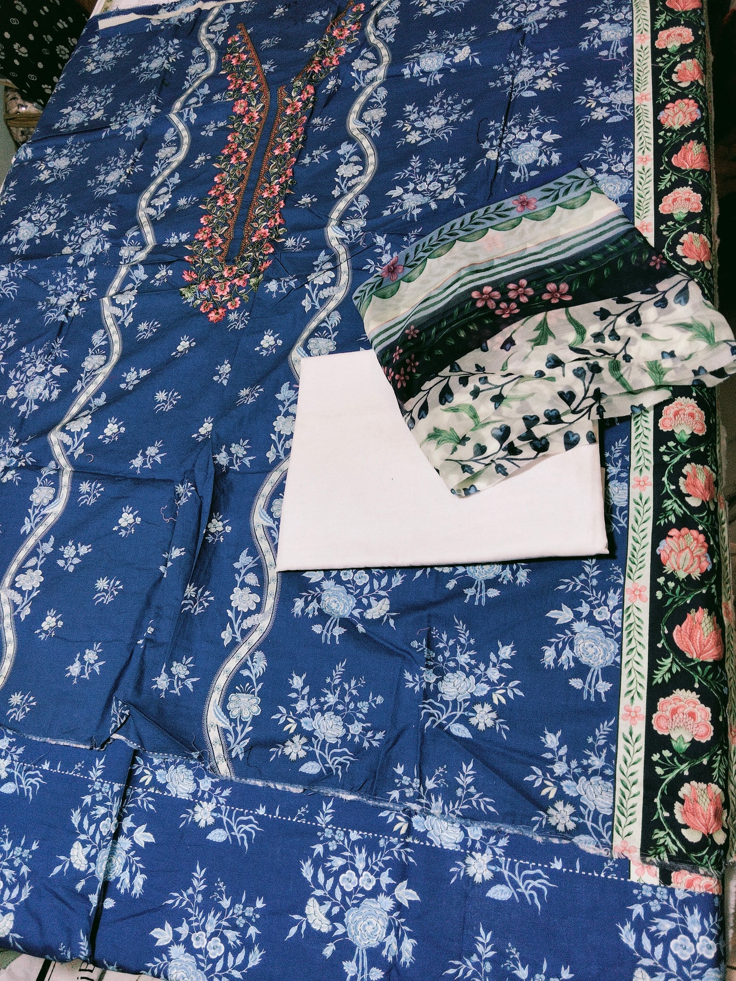 Ethnic lawn 3Pc embroided shirt with plain trouser and printed chiffon dupatta