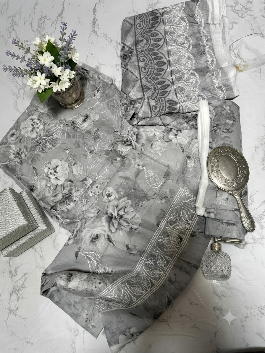 Sale Riaz arts embroided lawn 3pc with printed trouser embroided duptta