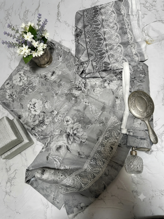 Sale Riaz arts embroided lawn 3pc with printed trouser embroided duptta