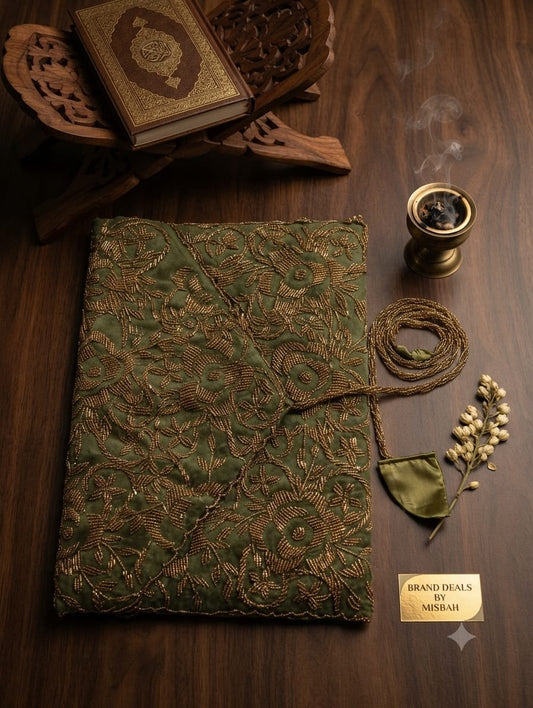 Quran pak ghilaf soft padded polyster filling  hand made pearl work velvet base