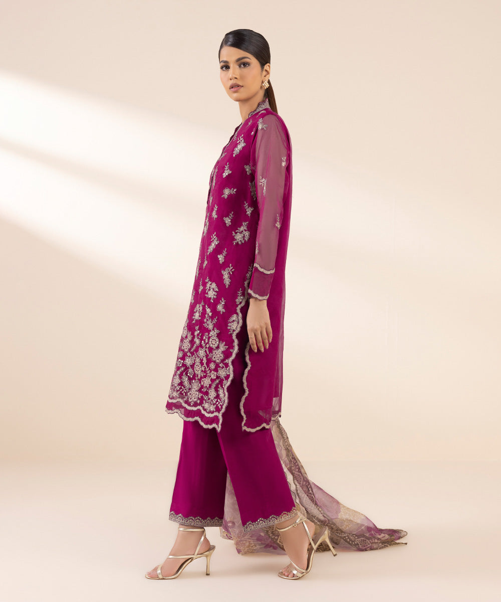 Sale sapphire embroided organza fabric shirt plain Raw silk trouser and printed organza fabric dupatta with embroided patches complete 3pc (unstitched)