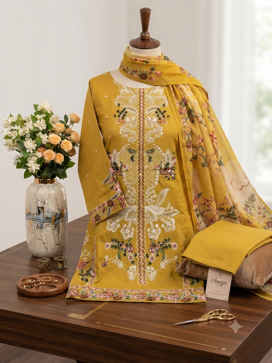 Nureh Riaz arts luxury embroidered lawn 3pc butter yellow