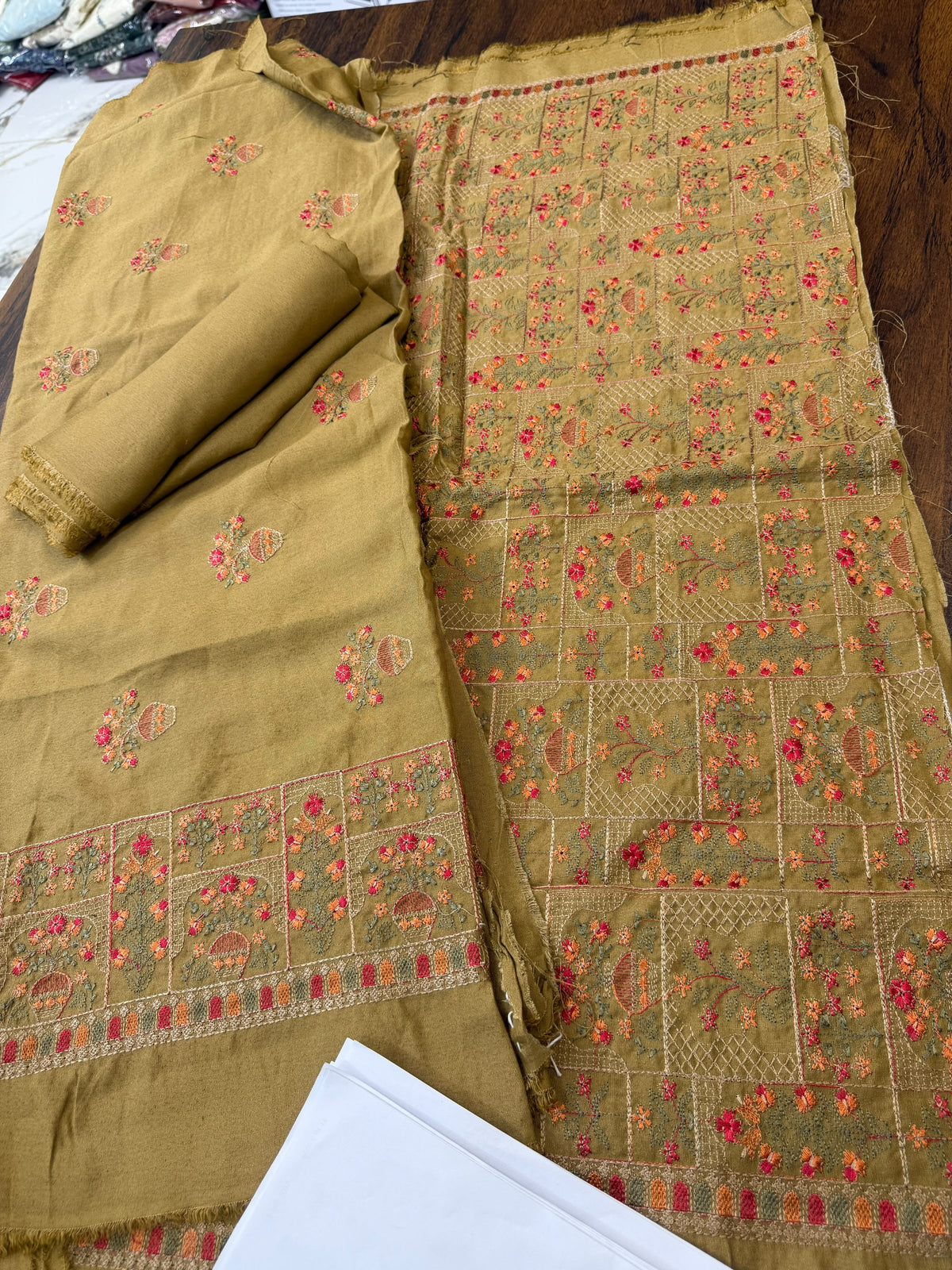 Luxury embroided karandi 3pc with heavy embroided shawl light embroided shirt plain trouser
