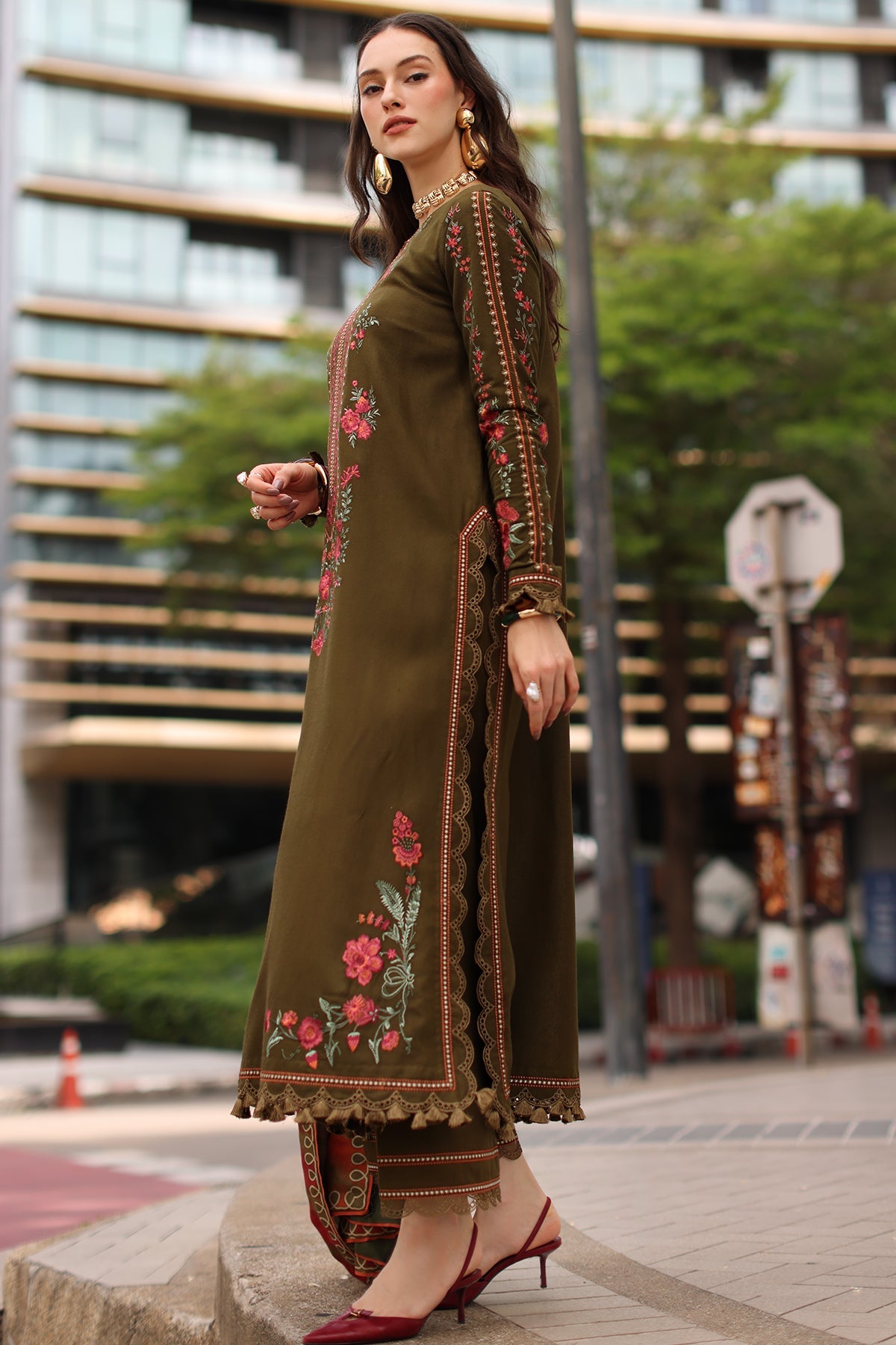 Charizma (poshima) unstitched 3Pc embroidered peach leather with printed pashmina shawl