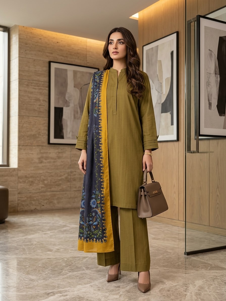Hussain rehar 3pc plain khadar shirt and trouser with printed wool shawl