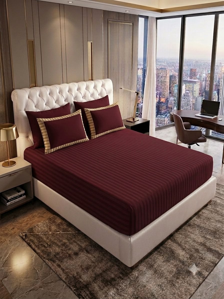 Mehroon Fitted bed sheet & 2 pillow covers leather embosed cotton satin stuff
king size