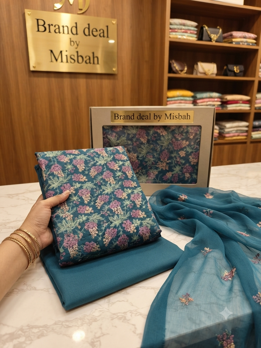 Luxury Karandi embroided 3pc with embroided chiffon duppata plain karandi trouser