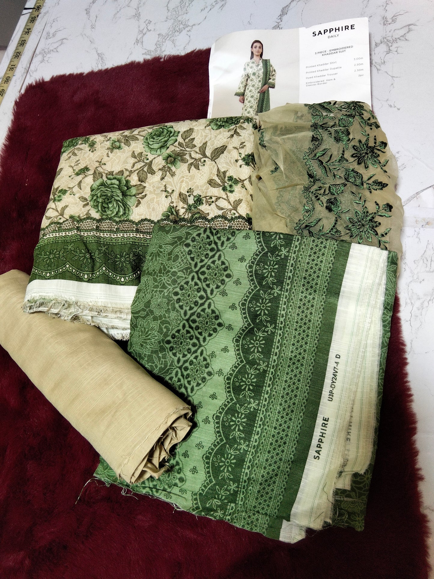 Sale printed khadar 3pc with plain trouser and embroided patches