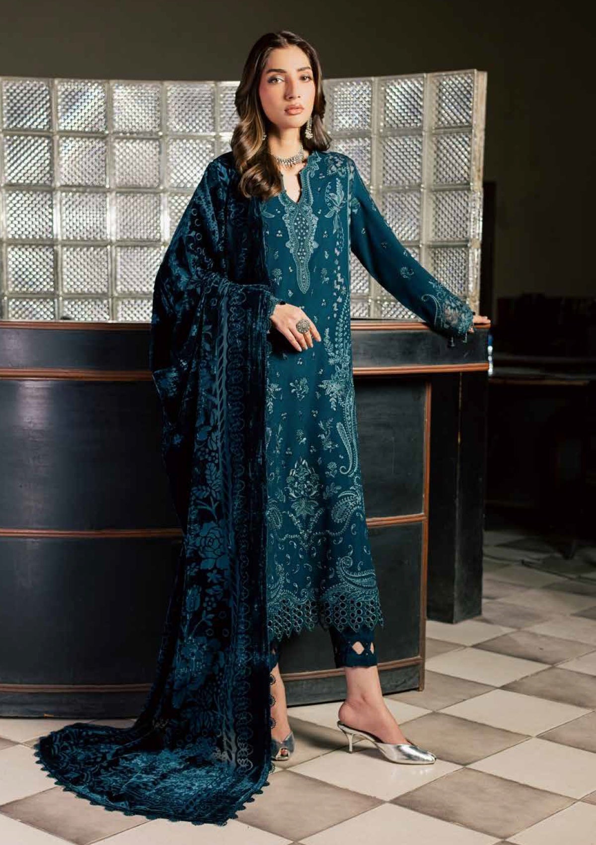 Nureh 3pc  embroided peach leather shirt with velvet palachi shawl and dyed peach leather trouser