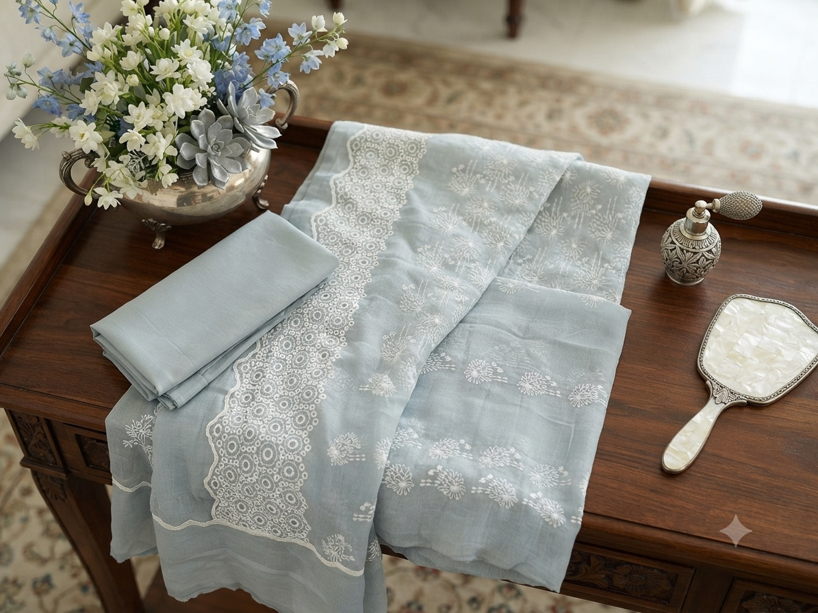 Sale Riaz arts embroided lawn 3pc with plain trouser and embroided chiffon duptta