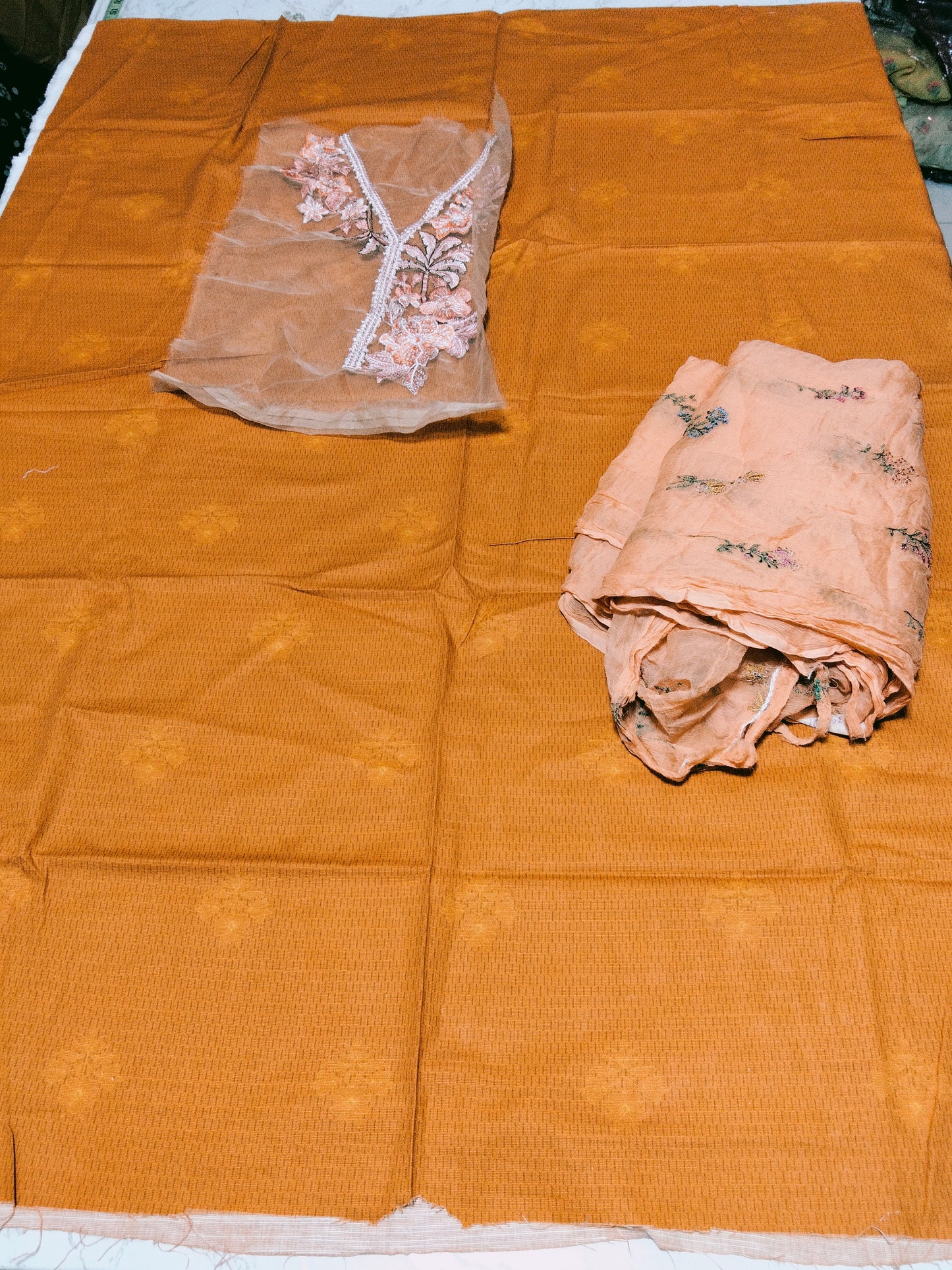 Sale Winter Viscose Shirt with neck line +Breeze embroidered pur chiffon dupatta