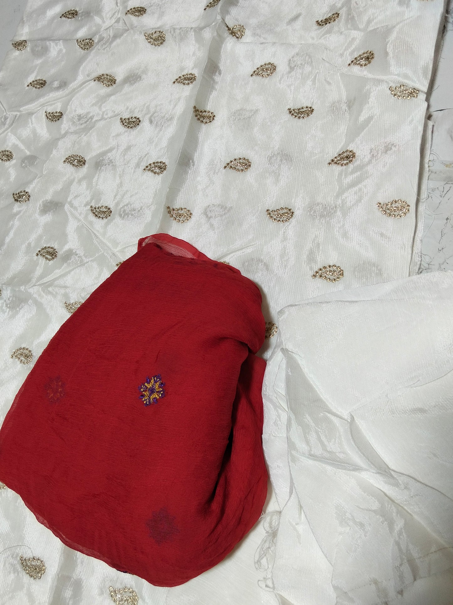 Sale embroided row silk 2pc shirt and trouser + breeze embroided pure chiffon dupatta