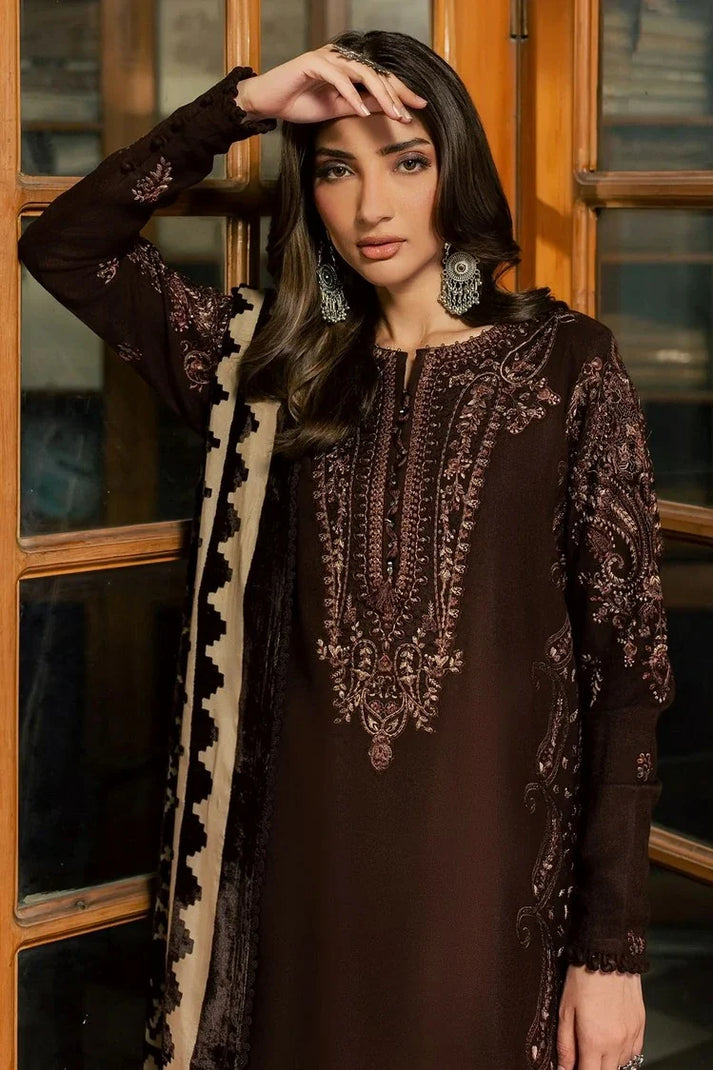 Nureh 3pc  embroided peach leather shirt with velvet palachi shawl and dyed peach leather trouser