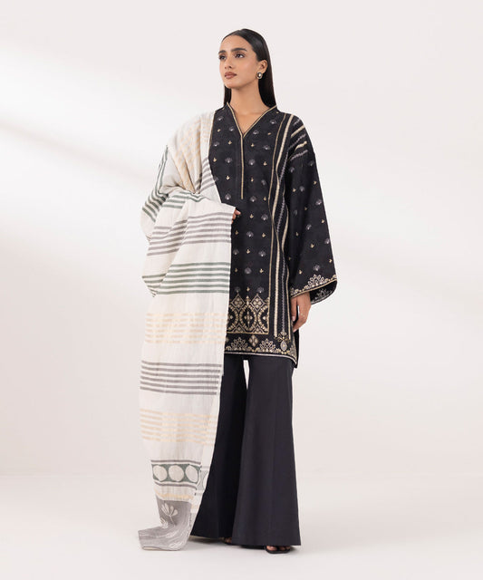 Sale sapphire Lawn embroided shirt with plain trouser and printed lawn dupatta complete 3pc (unstitched)