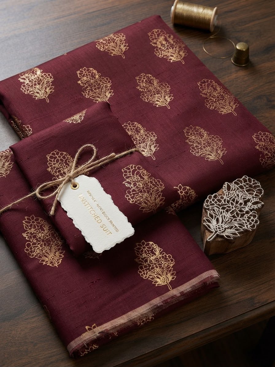 Block printed raw silk 2 pc