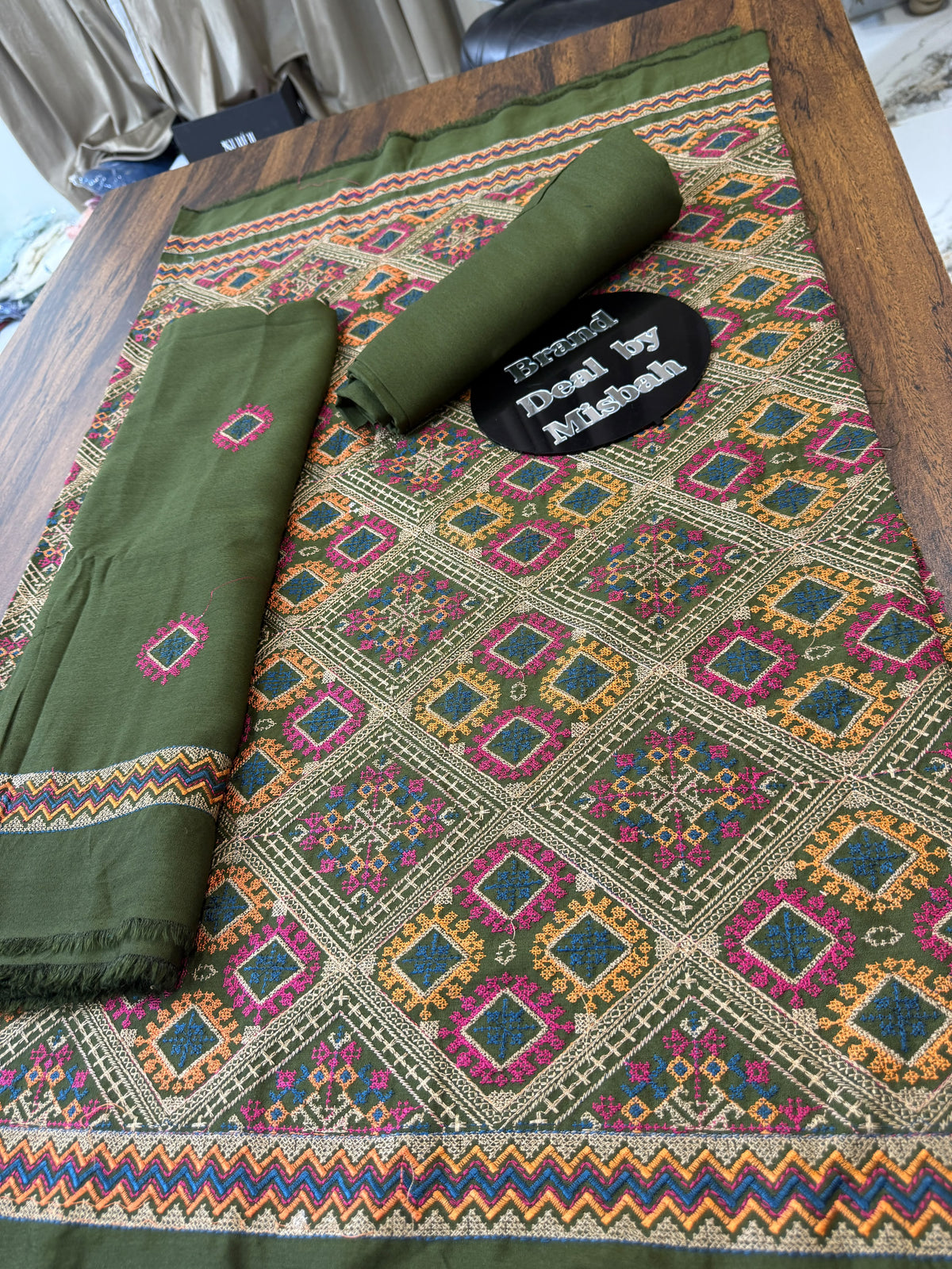 Mendhi green Luxury embroided karandi 3pc with heavy embroided shawl light embroided shirt plain trouser