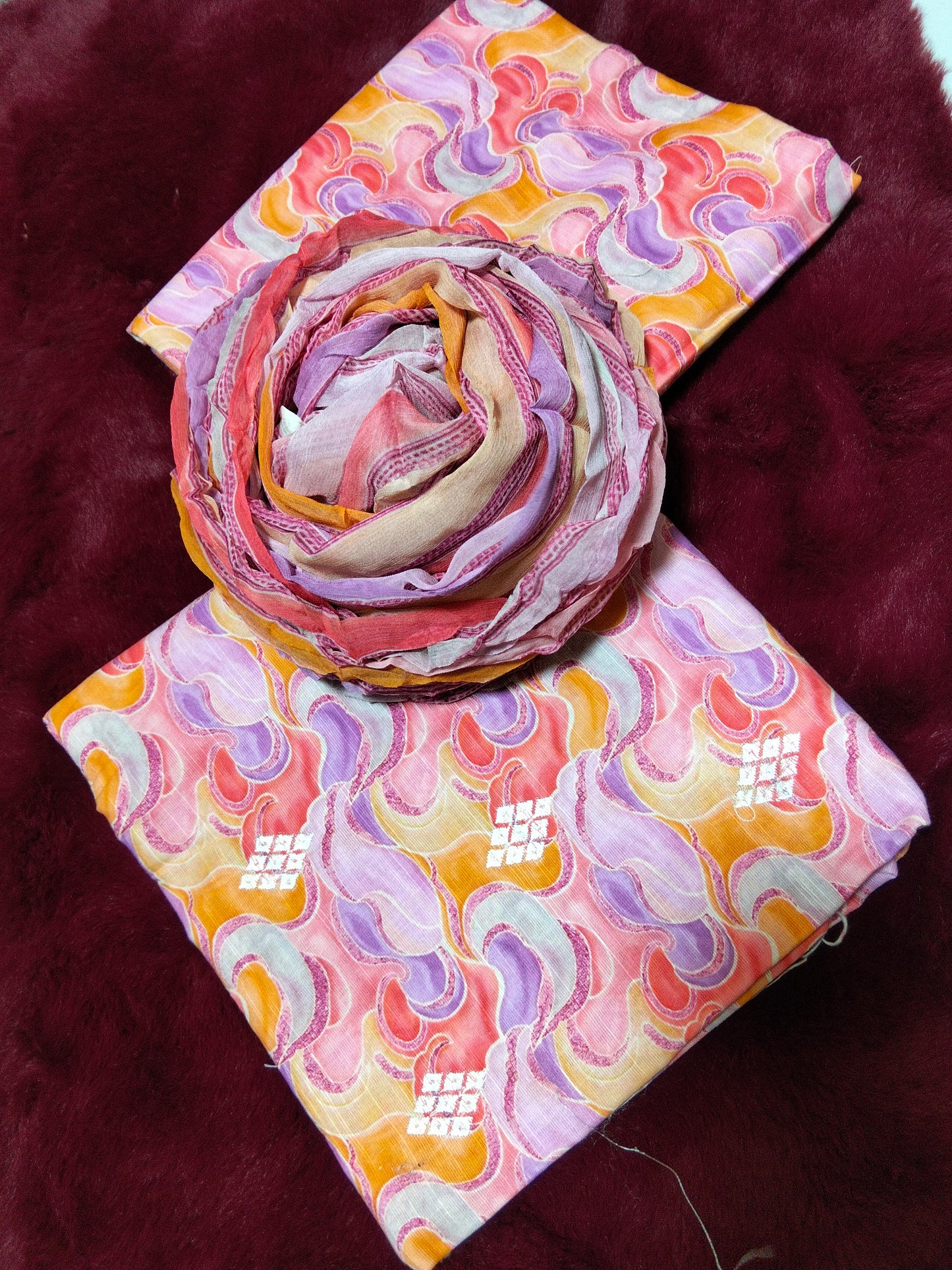 Sale printed+embroided khadar 3pc with printed chiffon dupatta and printed trouser (winter)