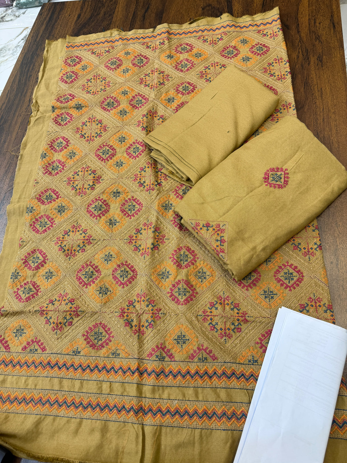 Luxury embroided karandi 3pc with heavy embroided shawl light embroided shirt plain trouser