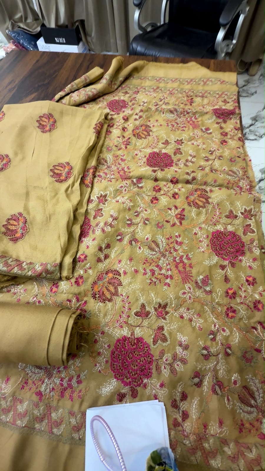 Luxury embroided karandi 3pc with heavy embroided shawl light embroided shirt plain trouser