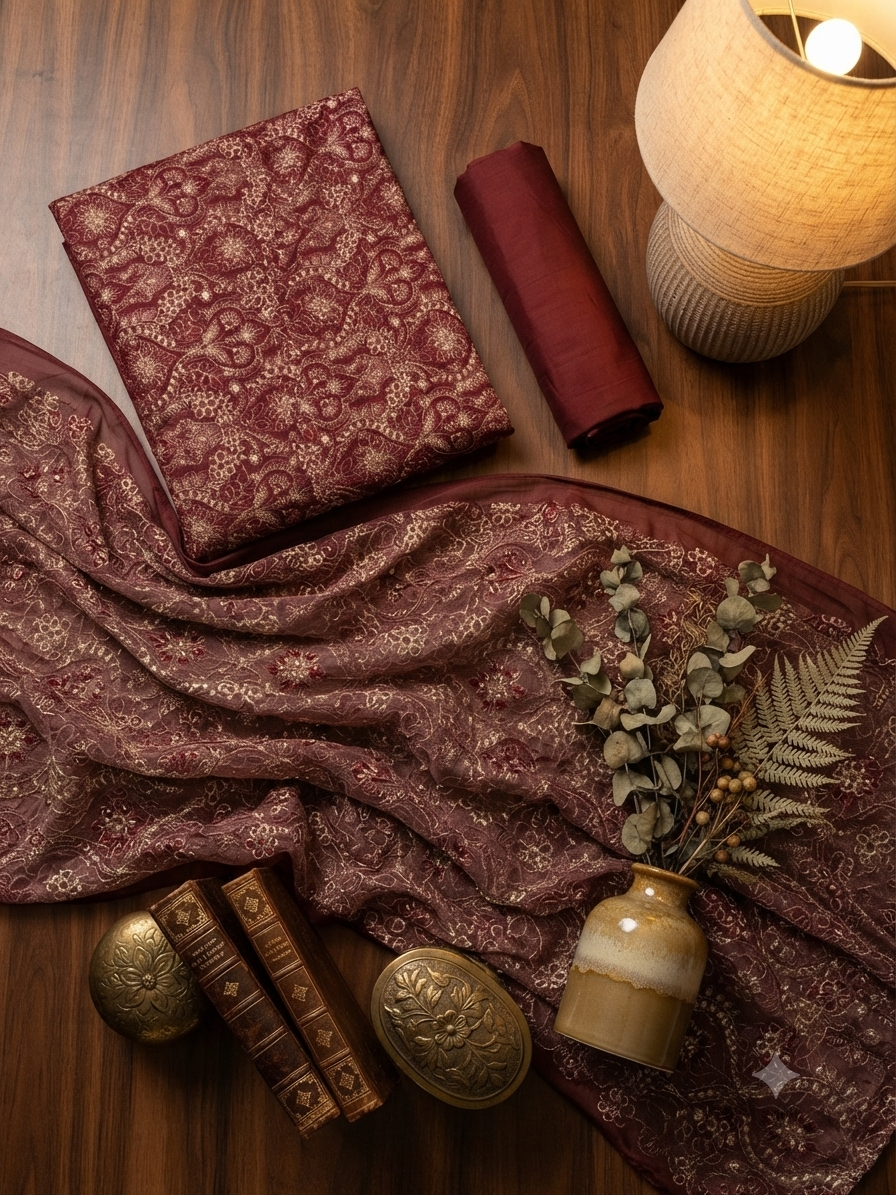 Sale Breeze embroided karandi fabric 3pc with plain trouser and embroided chiffon dupatta