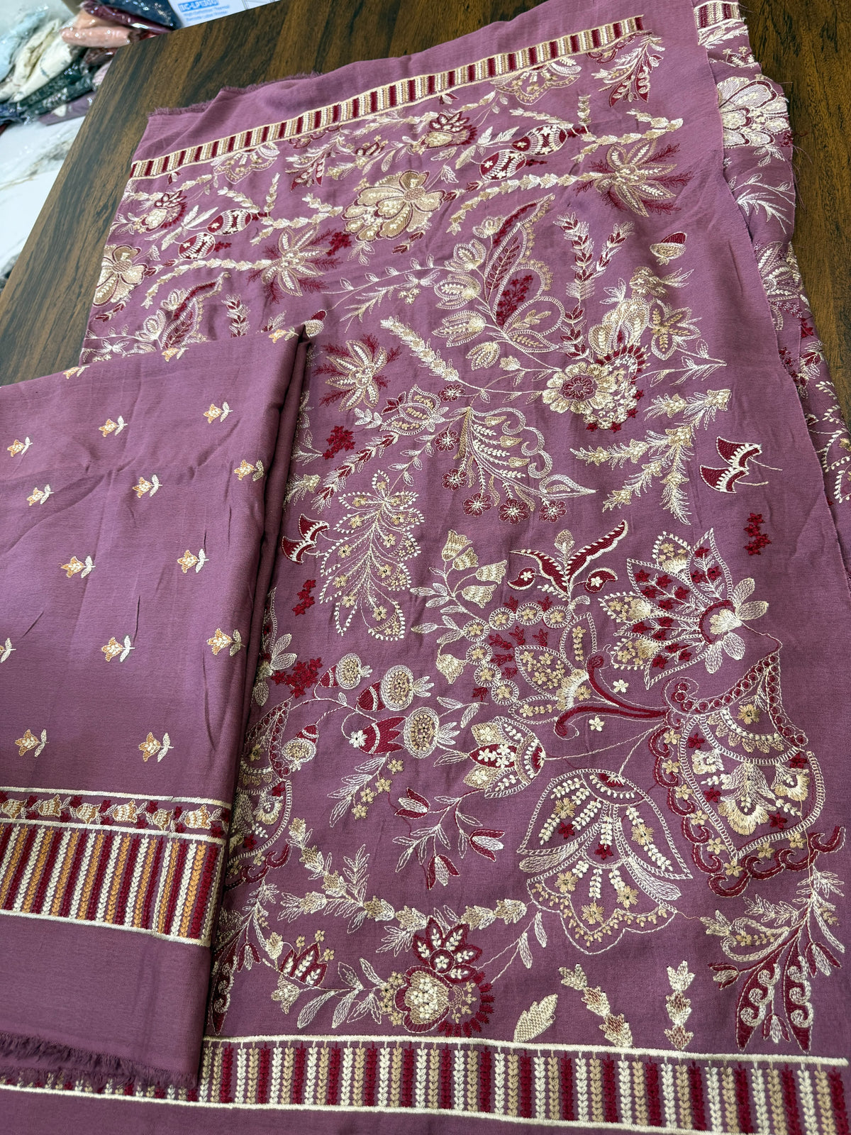 Luxury embroided karandi 3pc with heavy embroided shawl light embroided shirt plain trouser