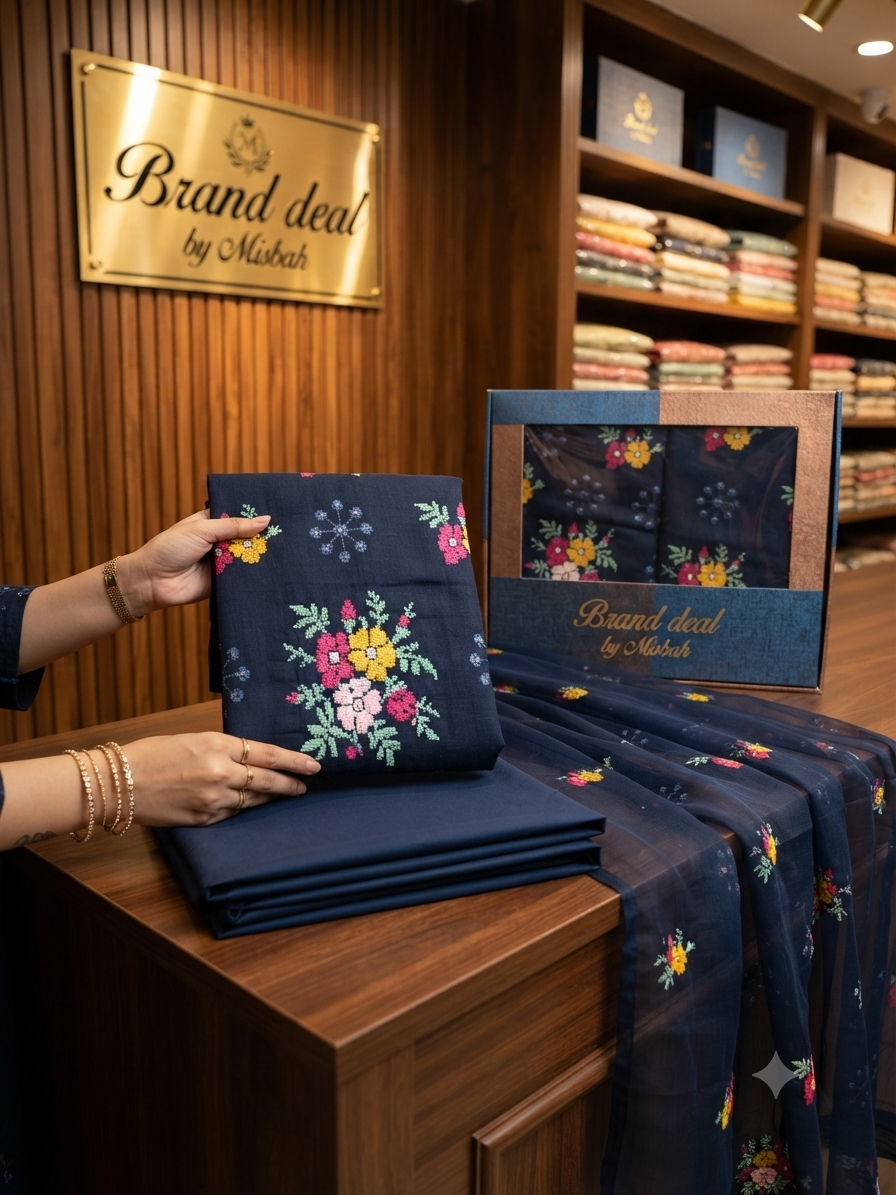 Luxury Karandi embroided 3pc with embroided chiffon duppata plain karandi trouser