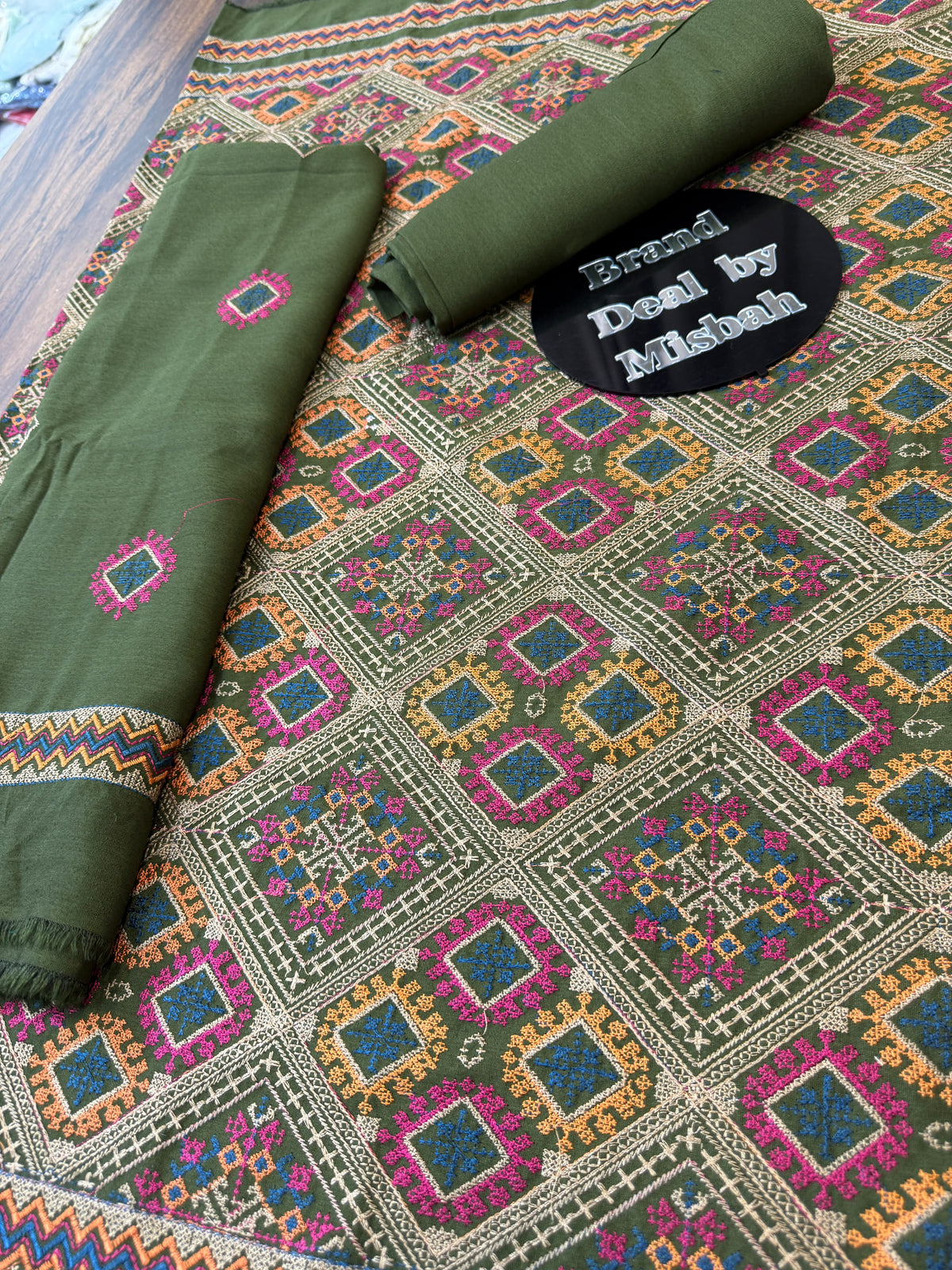 Mendhi green Luxury embroided karandi 3pc with heavy embroided shawl light embroided shirt plain trouser