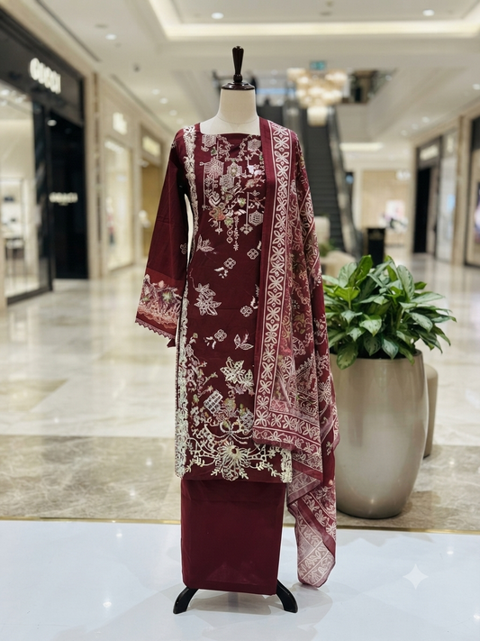 Sale Nureh embroided lawn 3pc with printed silk dupatta  unstitched