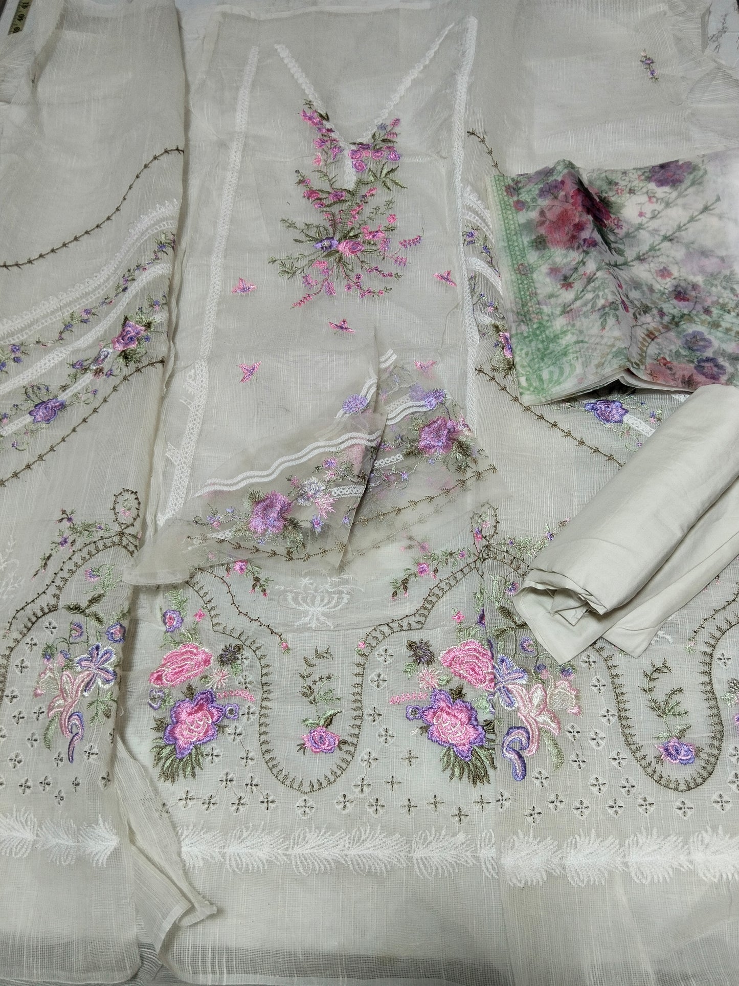Sale embroided Khadi net shirt with plain trouser and printed organza fabric duppta