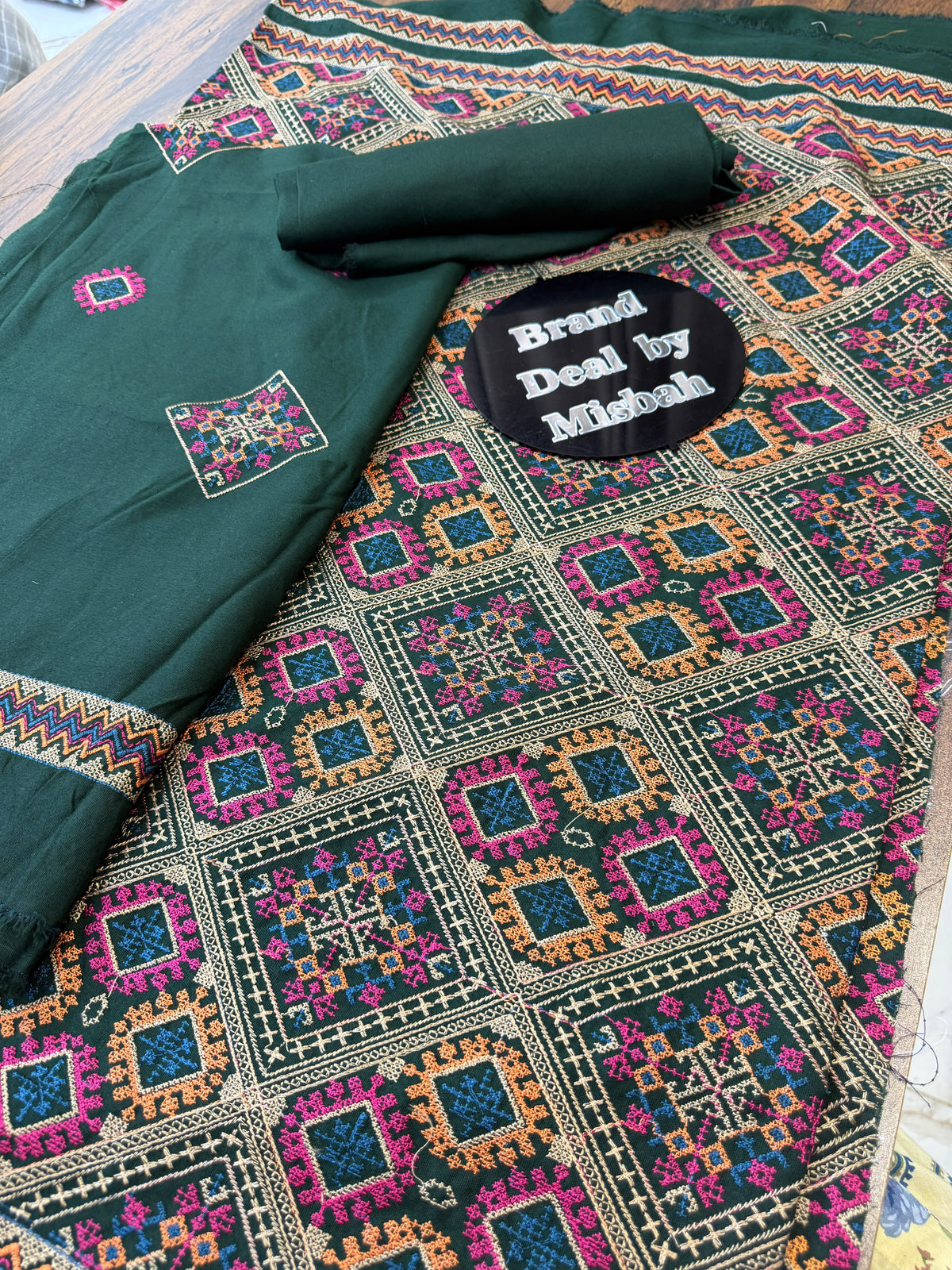Dark green Luxury embroided karandi 3pc with heavy embroided shawl light embroided shirt plain trouser
