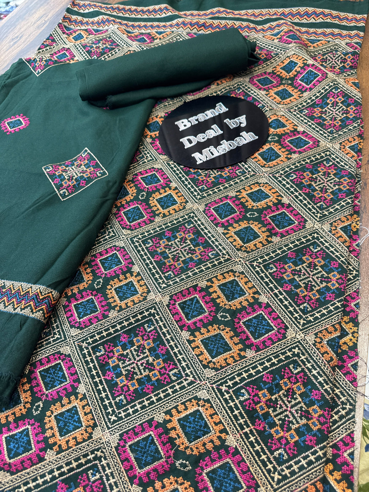 Dark green Luxury embroided karandi 3pc with heavy embroided shawl light embroided shirt plain trouser