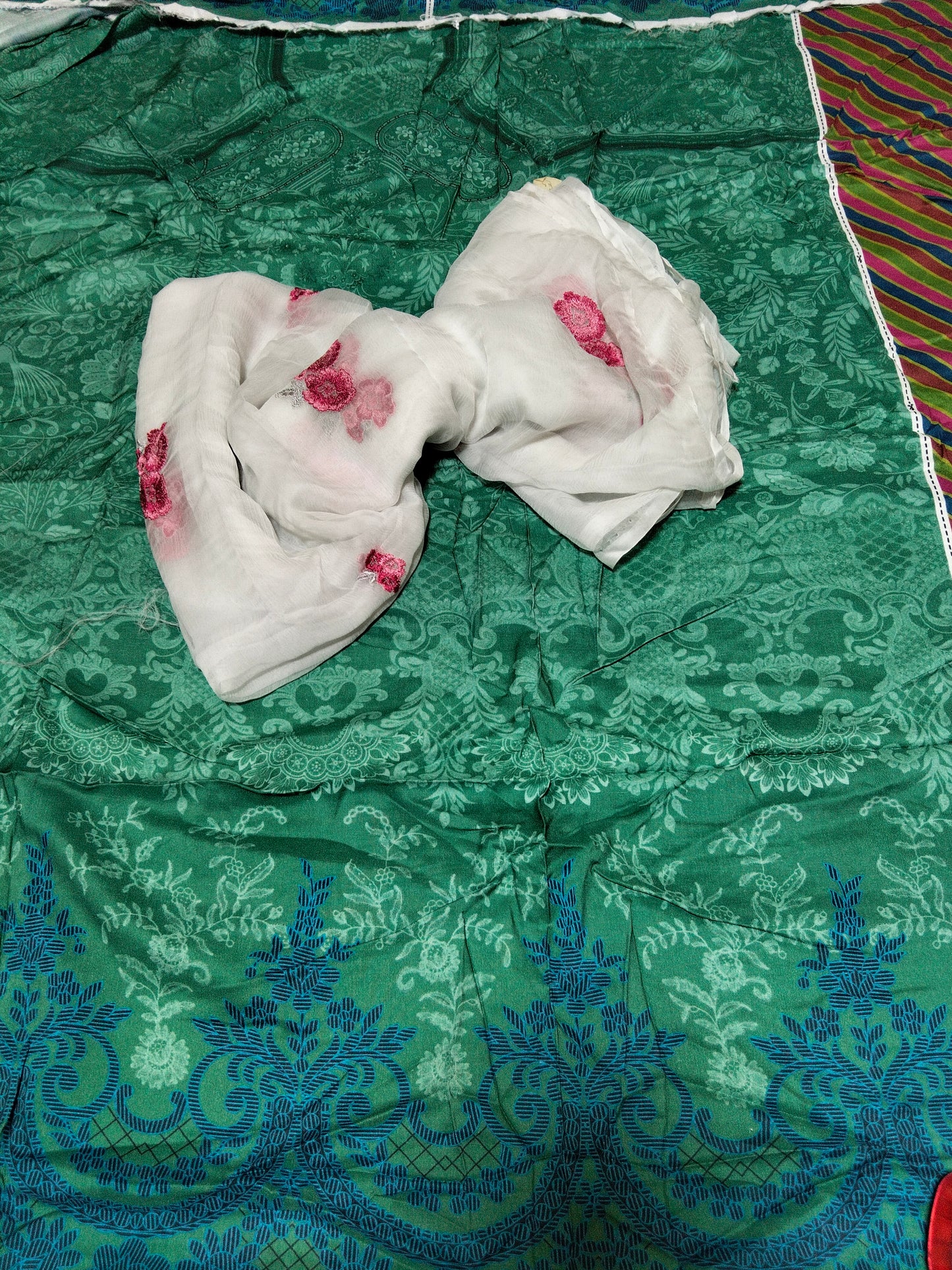 Sale printed linen shirt+ breeze embroided pure chiffon dupatta