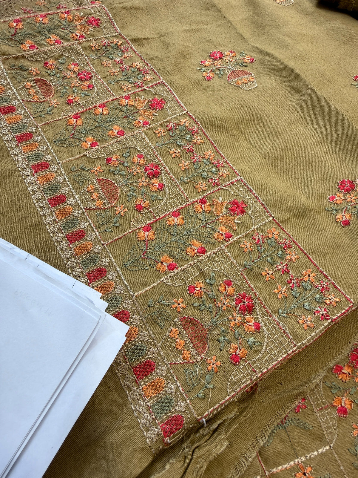 Luxury embroided karandi 3pc with heavy embroided shawl light embroided shirt plain trouser