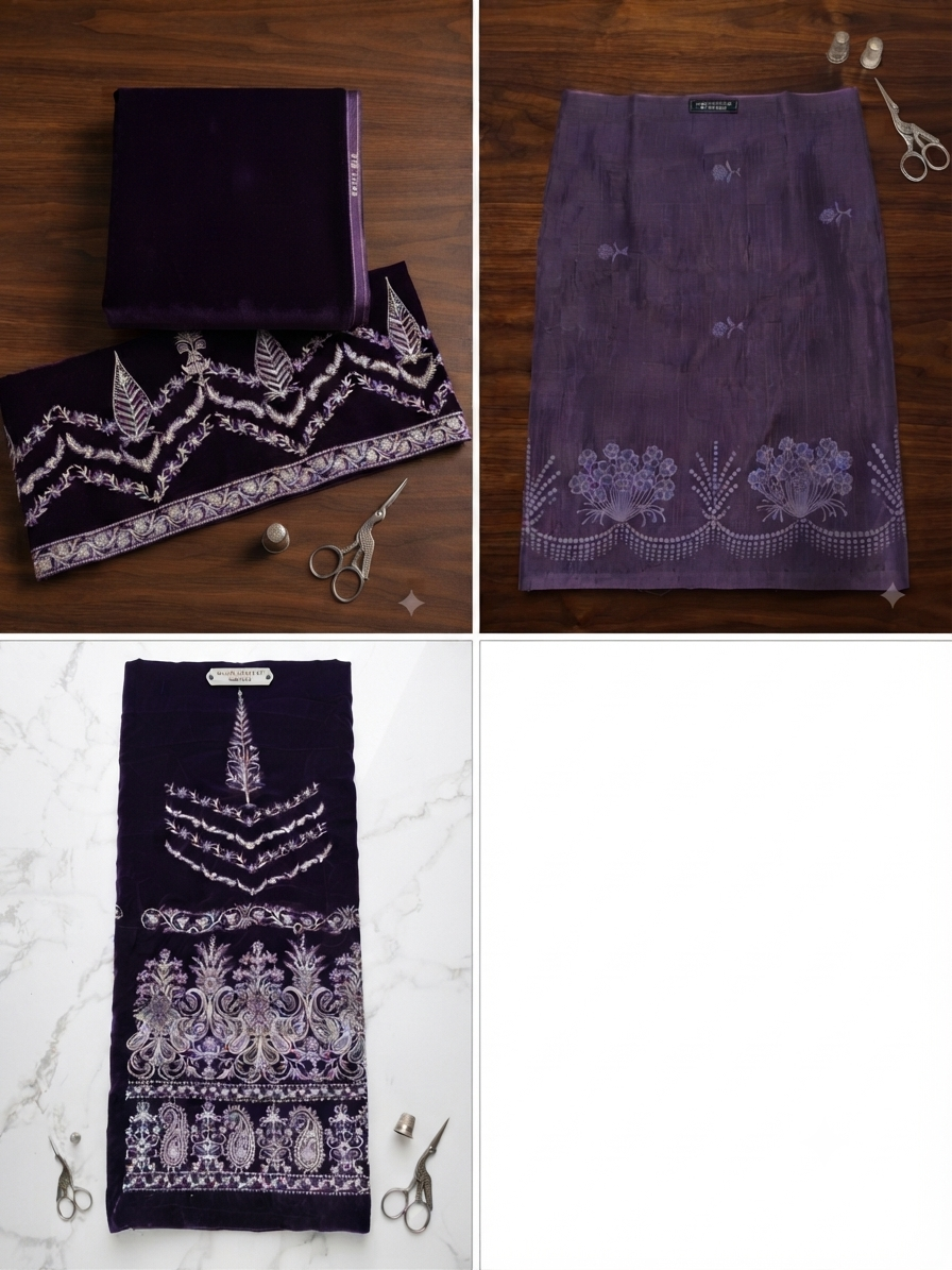 Sale Faiza Faisal embroided velvet shirt with block printed raw silk trouser embroided patch