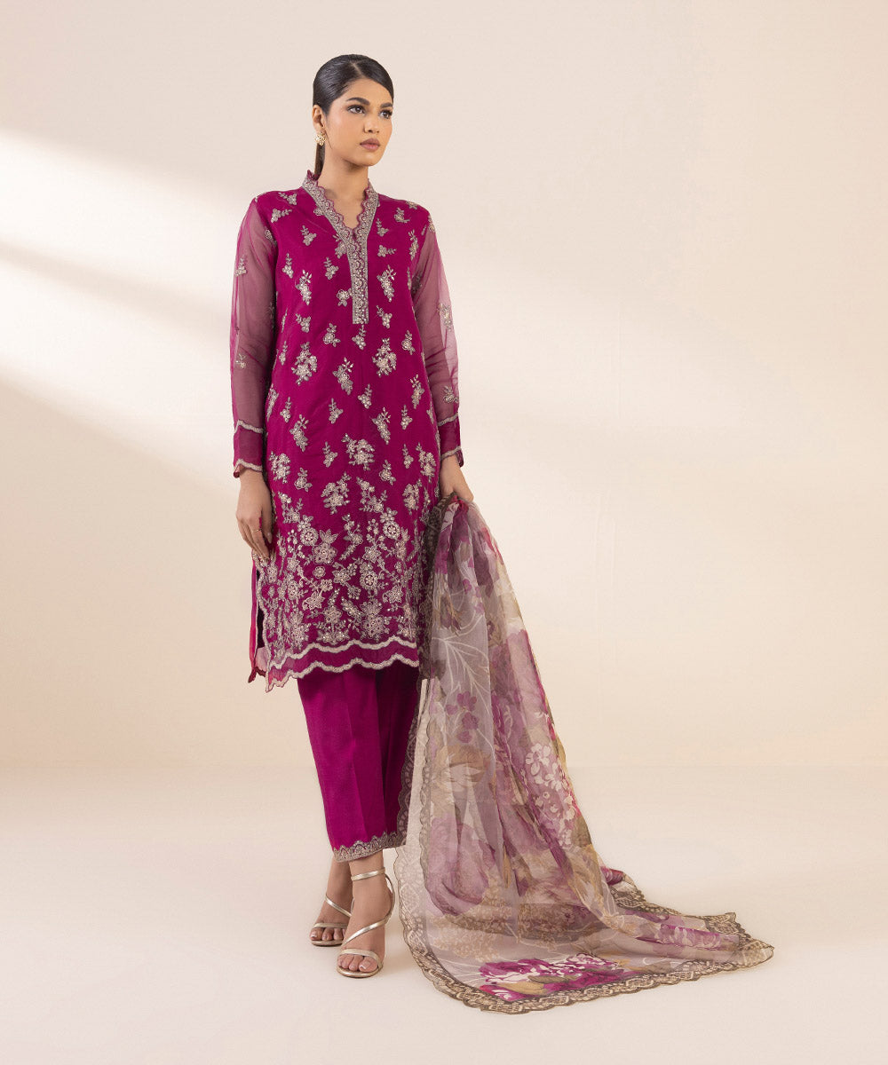 Sale sapphire embroided organza fabric shirt plain Raw silk trouser and printed organza fabric dupatta with embroided patches complete 3pc (unstitched)