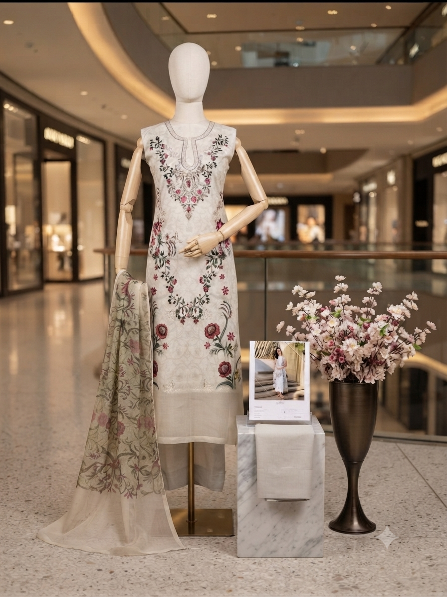 Sale embroided lawn shirt with plain trouser and printed chiffon dupatta unstitched