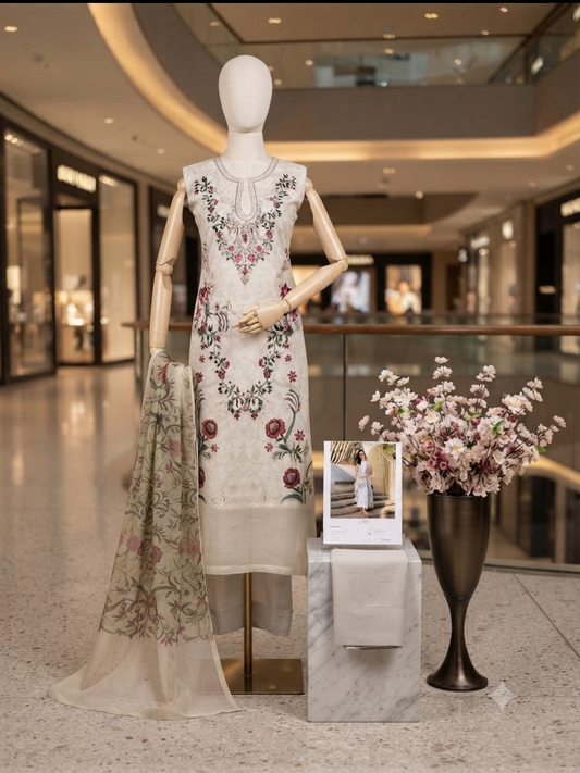 Sale embroided lawn shirt with plain trouser and printed chiffon dupatta unstitched