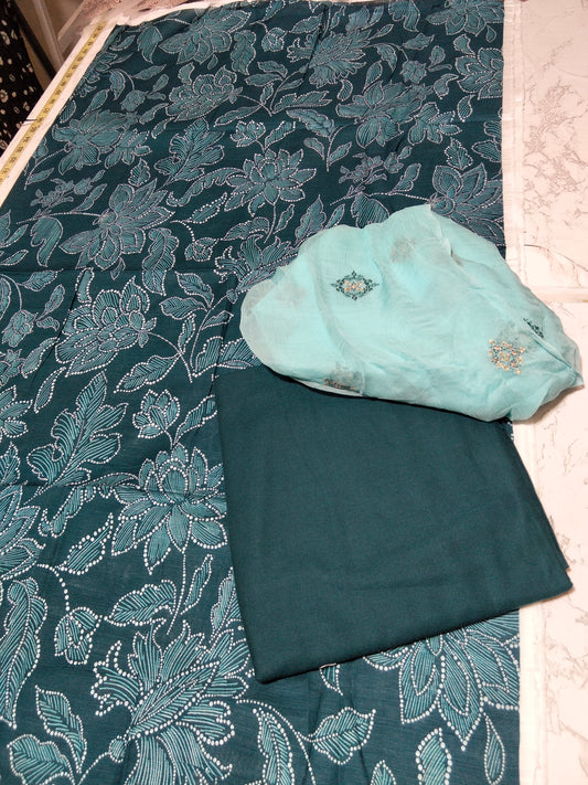 Sale printed khadar 2pc shirt and trouser+ breeze embroided pure chiffon dupatta