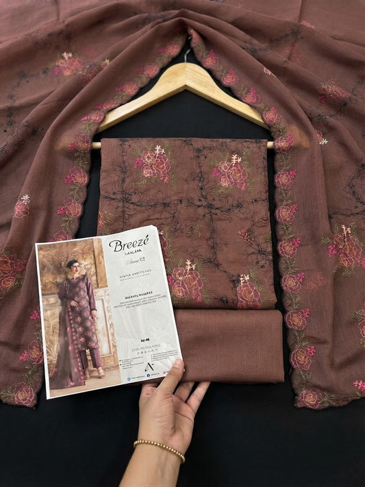 Alaya bareeze embroidery style karandi 3pc with chiffon embroided duppata 2 side embroidery