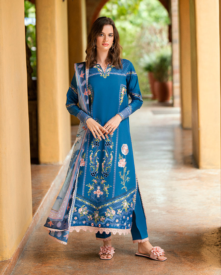 Sale Roheenaz embroided lawn 3pc with plain trouser and printed silk dupatta with embroided patches (unstitched)