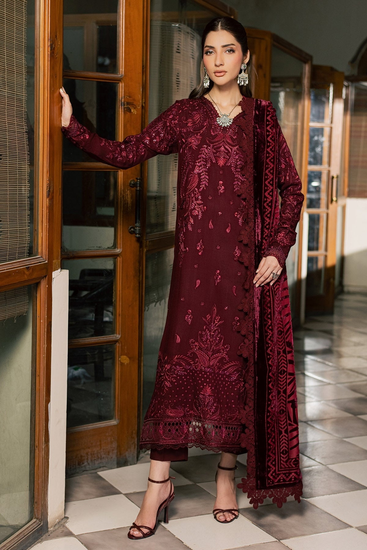 Nureh 3pc  embroided peach leather shirt with velvet palachi shawl and dyed peach leather trouser
