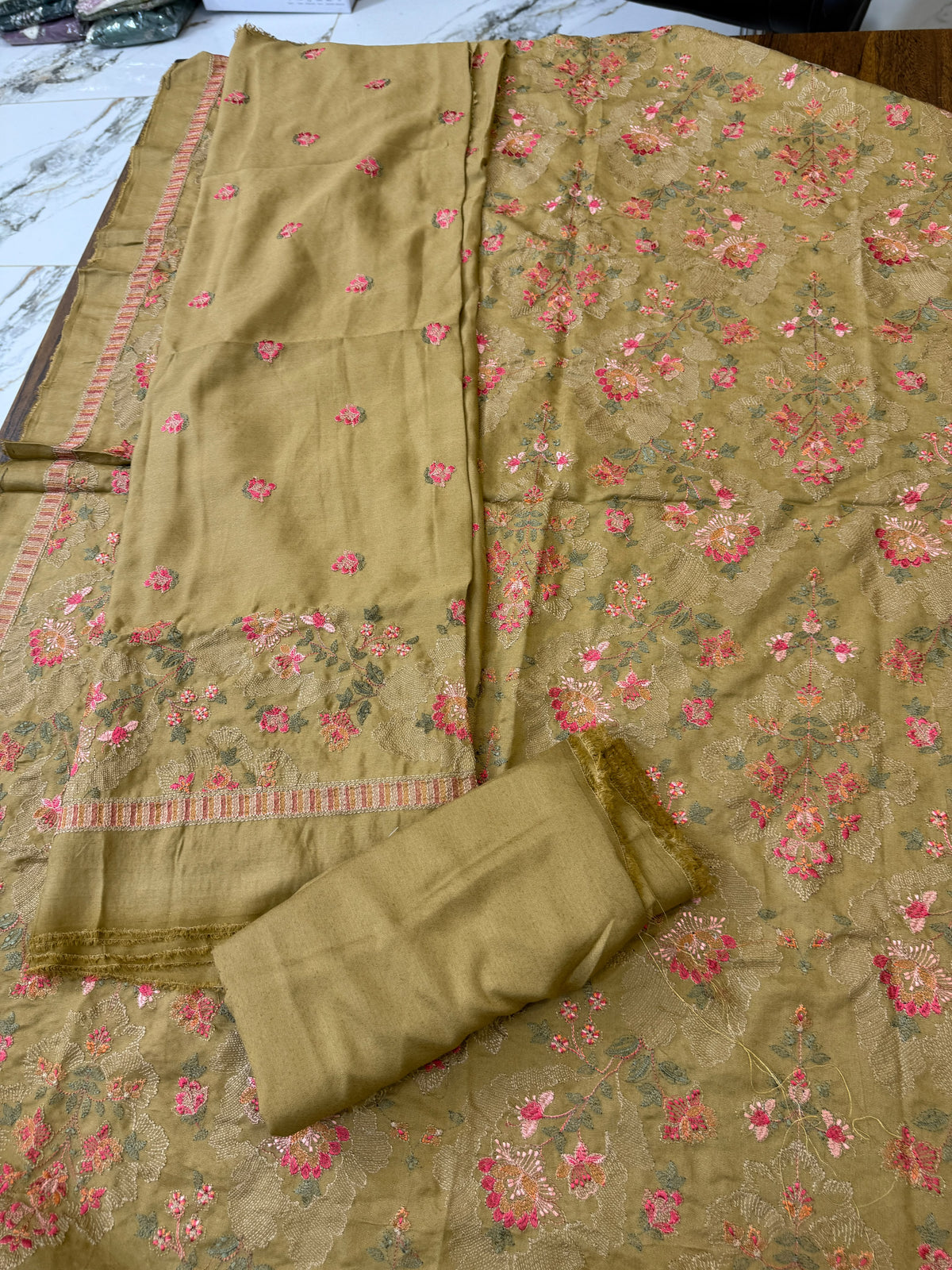 Luxury embroided karandi 3pc with heavy embroided shawl light embroided shirt plain trouser
