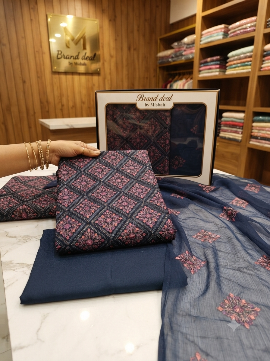 Luxury Karandi embroided 3pc with embroided chiffon duppata plain karandi trouser